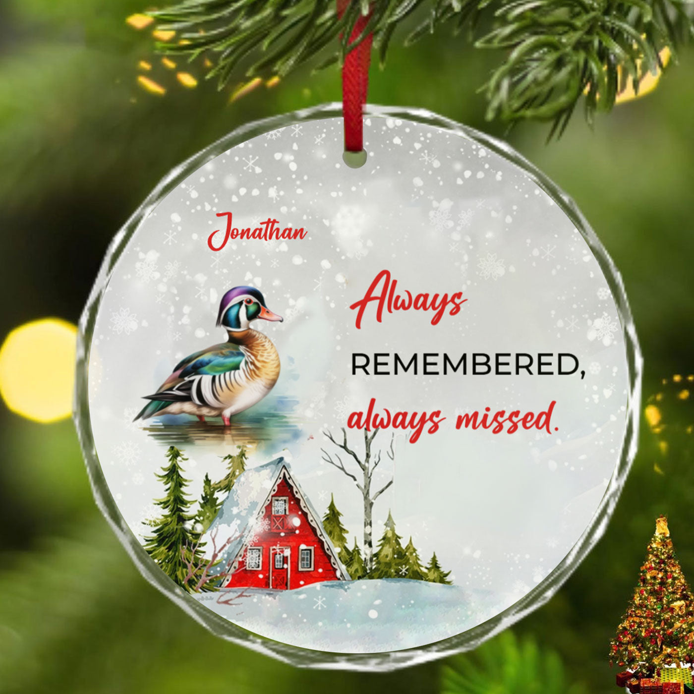 Elegant Winter Bird Christmas Ornament with Snowy Cottage | Customize Glass Ornament
